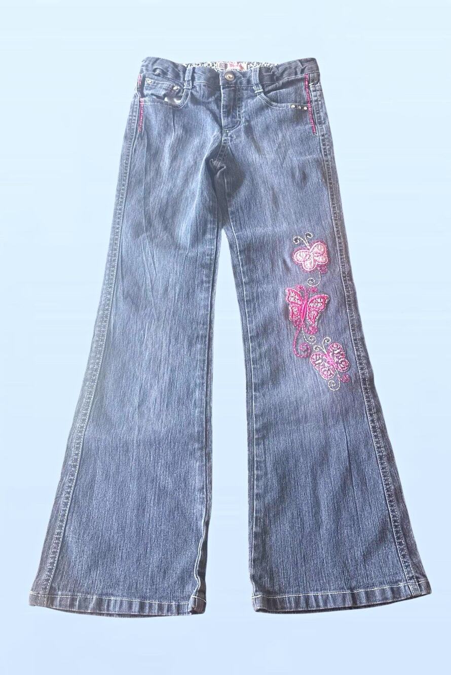 Fade Glory Girls Black Dark Wash Flared Denim Jeans Size 8 Stretch Pockets